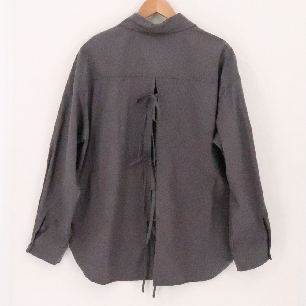 Dazy Tie Back Button Shirt Womens Size L Gray Minimalist Oversized Cotton Grunge